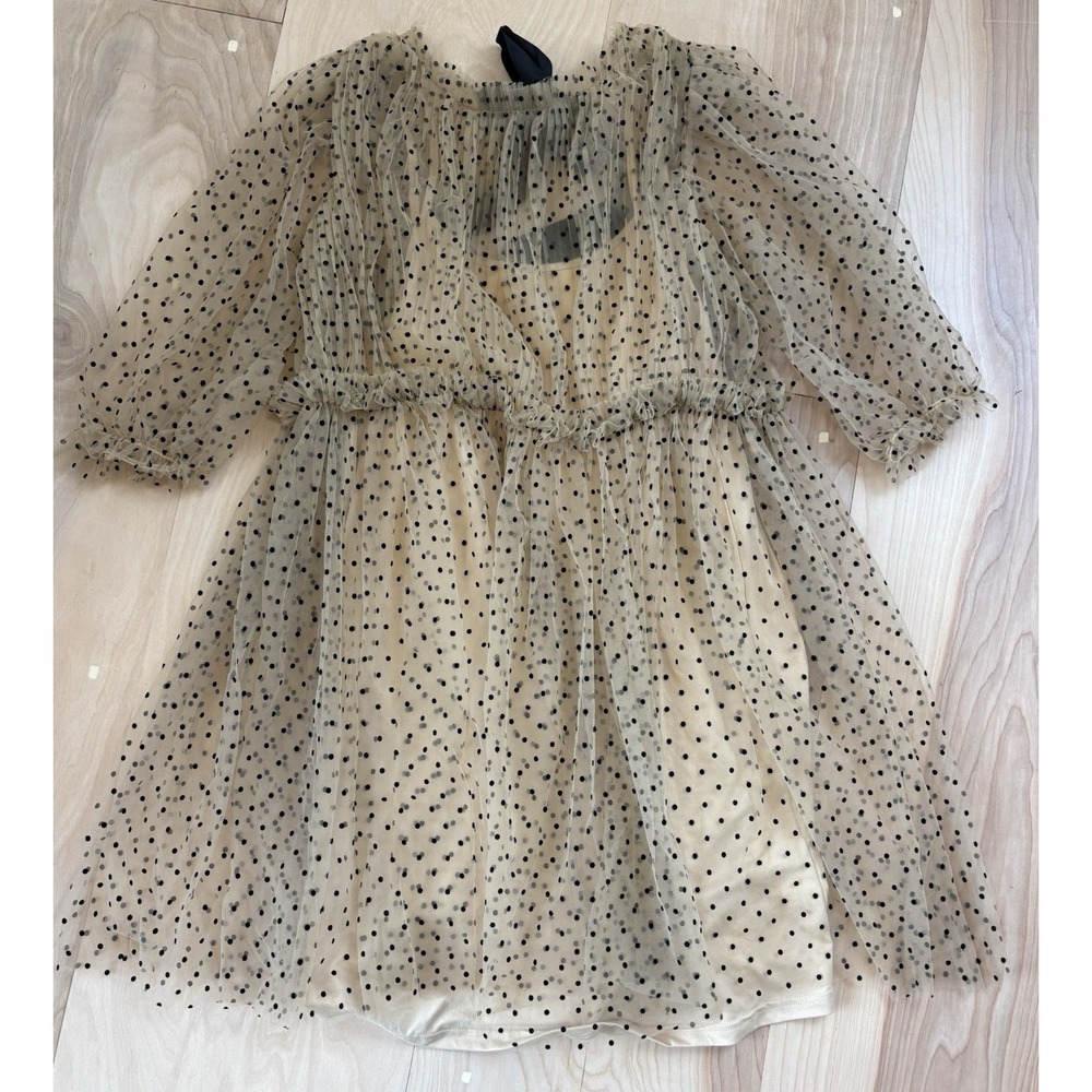 NWT O.P.T Size L Polka Dot Mesh Dress Nude Tulle Black Velvet Tie Puff Sleeve